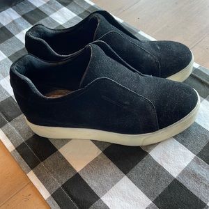 J slides black suede leather platform shoes.  Size 8